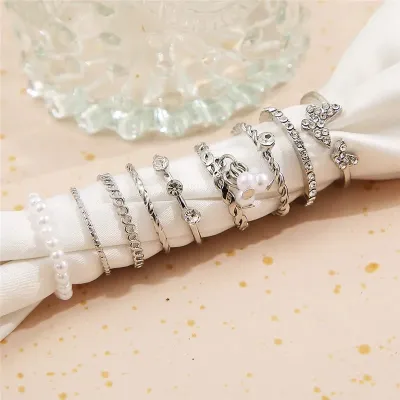 9pcs Fashion Crystal Butterfly Pearl Bead Sliver Rings 